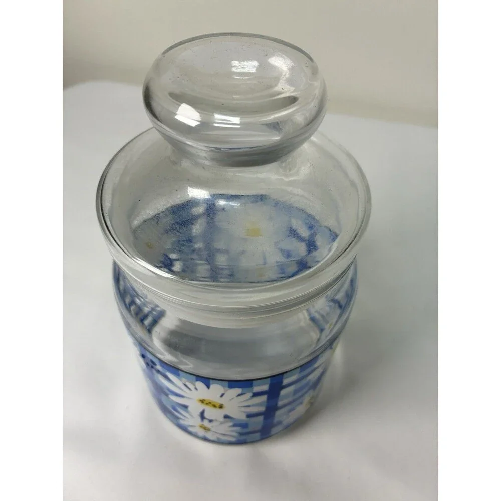 Vintage 70s Style Storage Jar Daisies With Blue Plaid 7” Tall Cottagecore